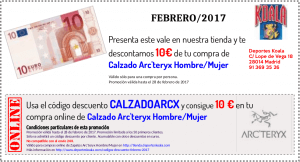 Codigos descuento febrero 2017 - Calzado Arcteryx - Promoción Febrero 2017 - Deportes Koala